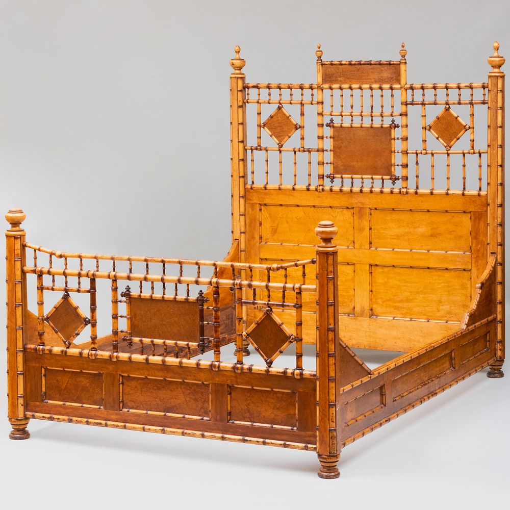 Appraisal: Faux Bamboo and Bird's Eye Maple Bed Attributed to R