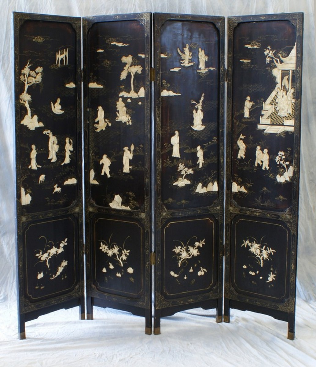 Appraisal: -Fold Chinese Black Lacquered screen with bone inlay each panel