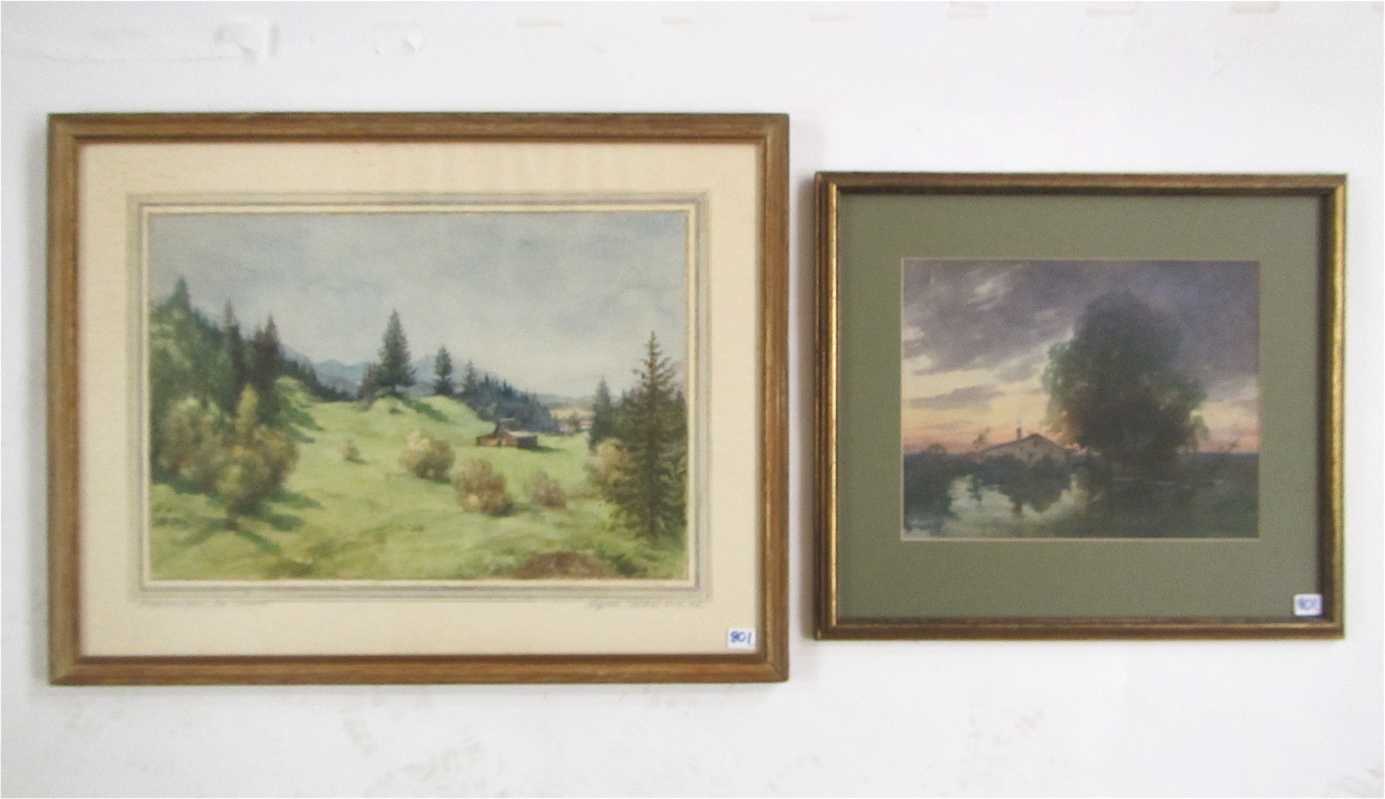 Appraisal: TWO GERMAN WATERCOLORS August Bocher - Oberammergau landscape signed lower