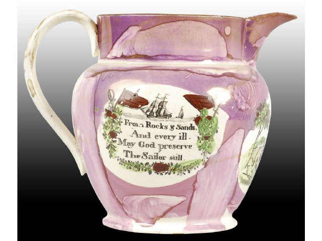 Appraisal: English Pink Luster Large Pitcher Description Depicts lady holding flag