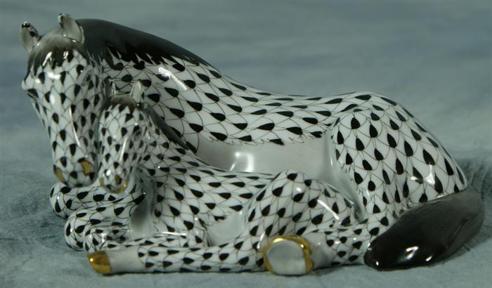 Appraisal: Herend fishnet figurine black horse with colt long no damage