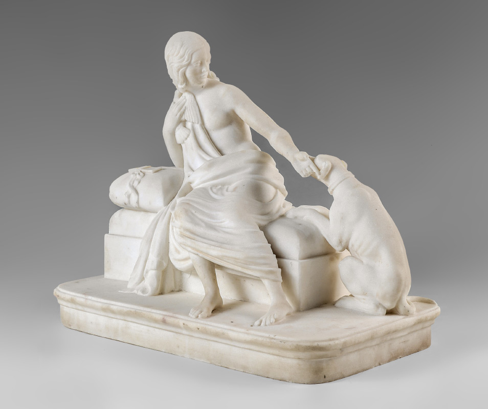 Appraisal: FINE MARBLE SCULPTURE GROUPING OF BEAUTY AND DOG Probably Italian