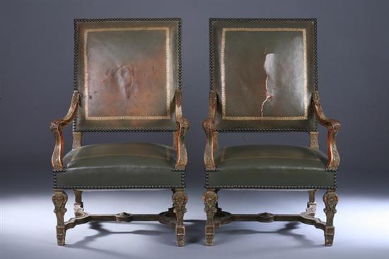 Appraisal: PAIR REGENCE STYLE CARVED PAINTED AND PARCEL-GILT FAUTEUILS late th