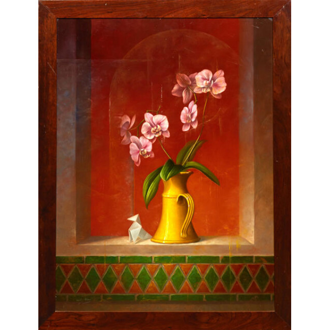 Appraisal: Leon Olmo - Spain Still Life of Orchid and Origami