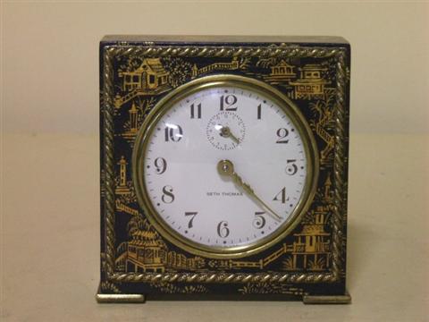 Appraisal: SETH THOMAS CHINOISERIE ALARM CLOCK th century the square black-painted