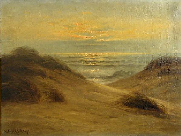 Appraisal: Nels Hagerup Norwegian American - Coastal view at sunset signed