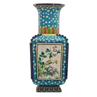 Appraisal: LONGWY Massive four-sided enamel-glazed vessel each panel depicting a different