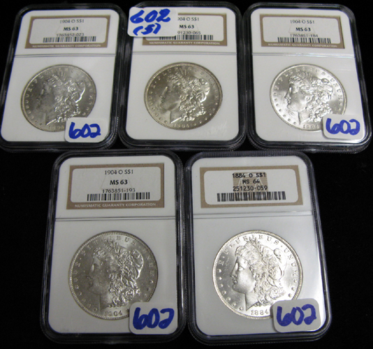 Appraisal: FIVE UNCIRCULATED U S SILVER MORGAN DOLLARS -O all NGC