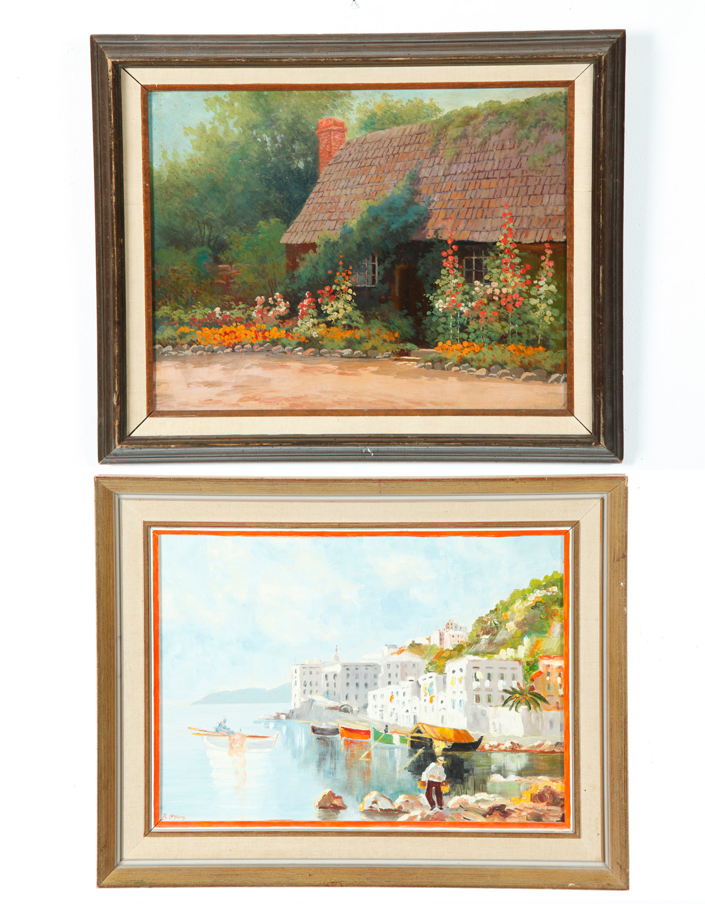 Appraisal: TWO SCENIC PAINTINGS Oil on board of Mediterranean coast signed