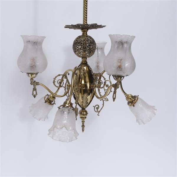 Appraisal: Brass light converted gas hanging chandelier fixture H x W