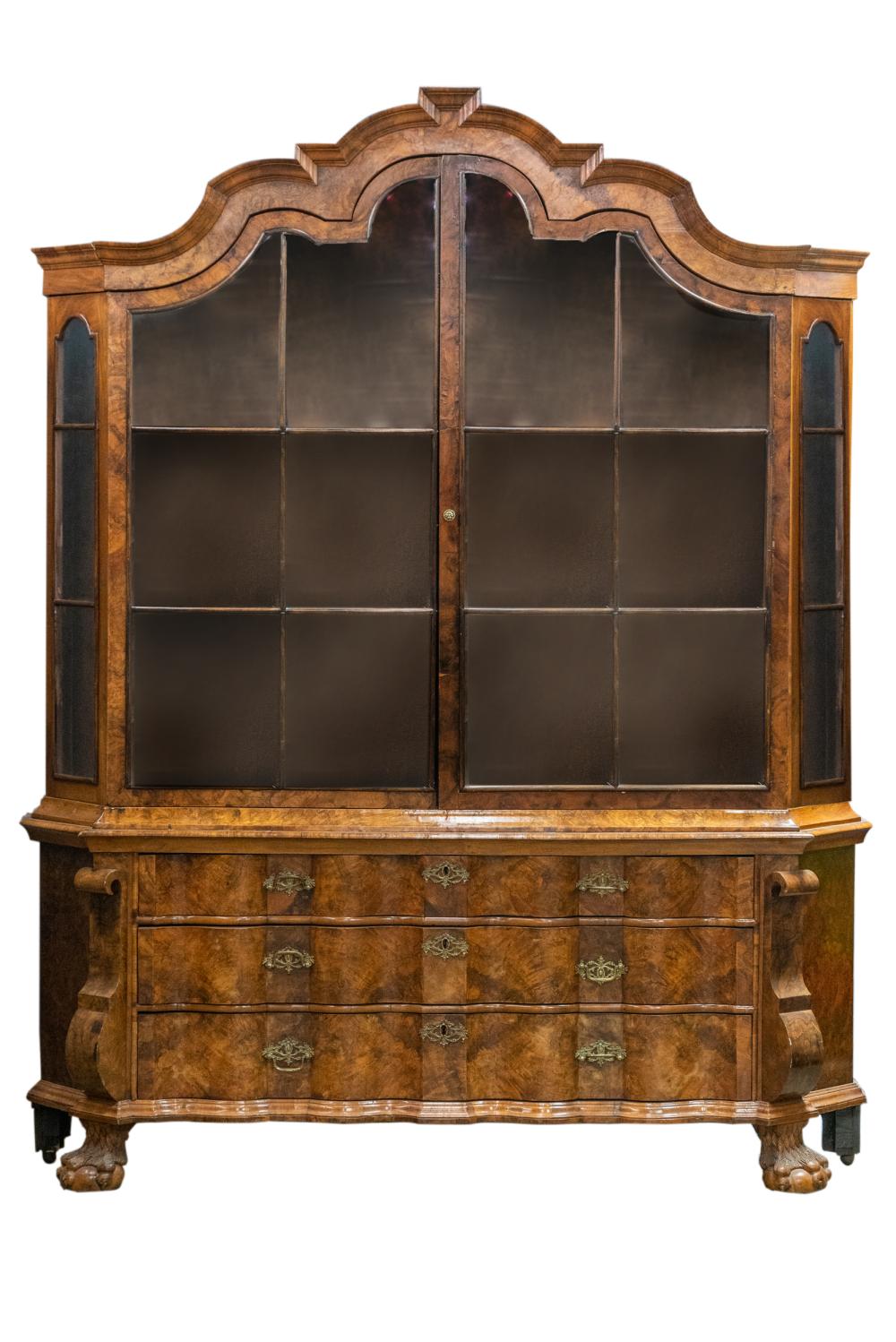 Appraisal: DUTCH BAROQUE-STYLE BURL WALNUT CABINETin two sections the upper section