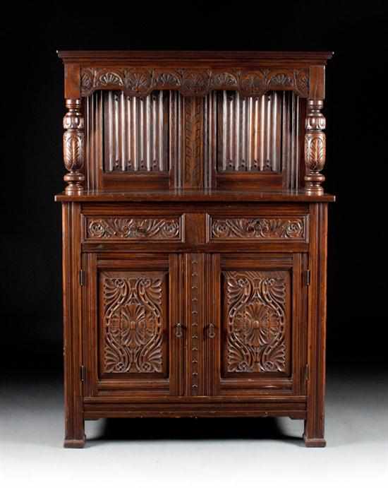 Appraisal: Tudor Revival style carved oak court cupboard Berkey Gay early