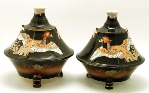 Appraisal: A pair of ceramic Satsuma conical vases Polychrome pheasants on