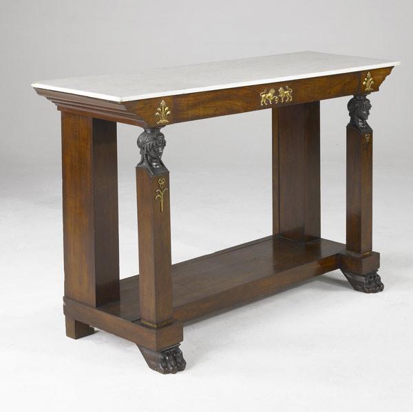 Appraisal: ENGLISH EMPIRE CONSOLE Marble top with bronze mounts and square