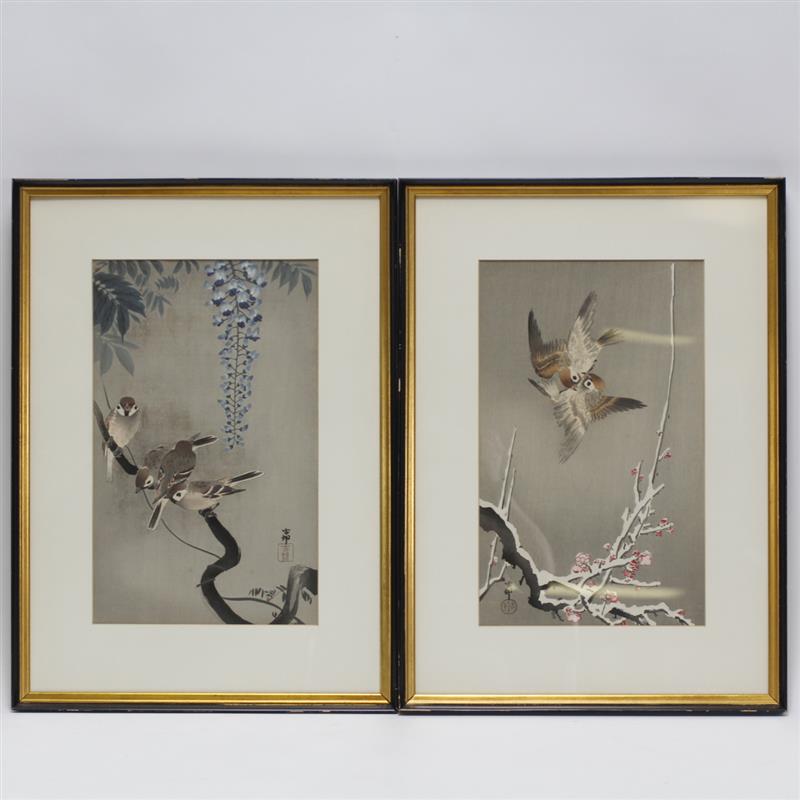 Appraisal: Two Japanese Color Woodblock Prints by Ohara Koson featuring finches