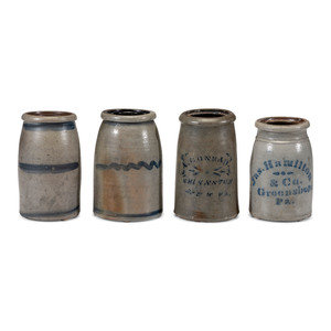 Appraisal: Four Cobalt Decorated Stoneware Jars comprising an A Conrad Shinnston