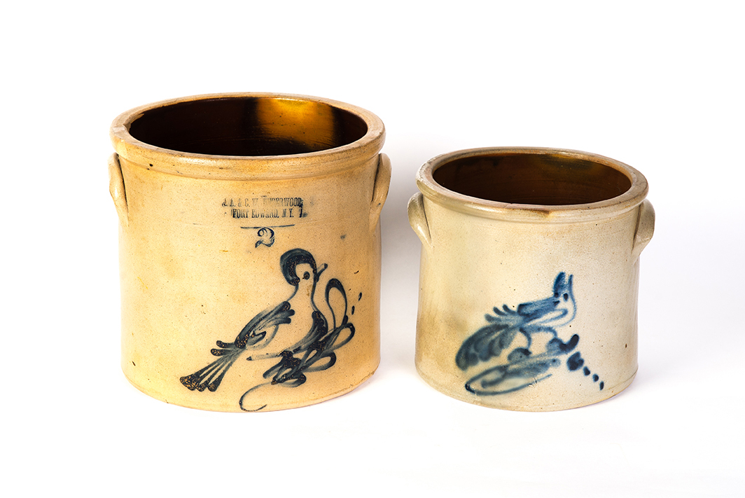 Appraisal: TWO STONEWARE JARS WITH FREEHAND COBALT BIRD DECORATION American th