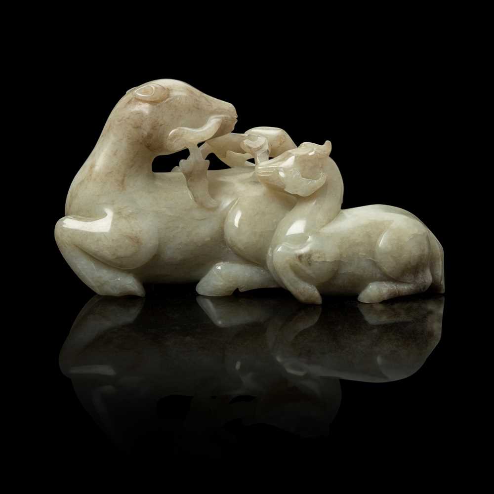 Appraisal: GREYISH WHITE JADE CARVING OF MOTHER HORSE AND FOAL QING