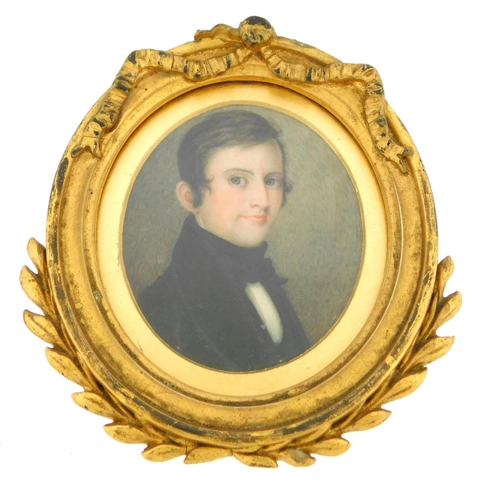 Appraisal: MINIATURE Young man oval support dark hair with side part