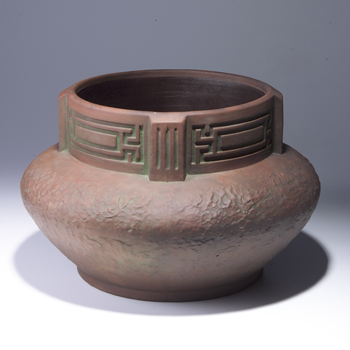 Appraisal: PETERS REED Moss Aztec jardiniere with Greek key-like design around