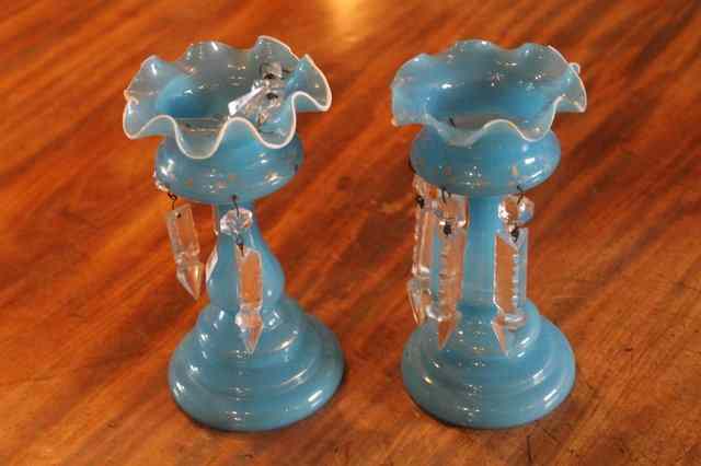 Appraisal: A PAIR OF SMALL VICTORIAN OPAQUE BLUE GLASS LUSTRES high