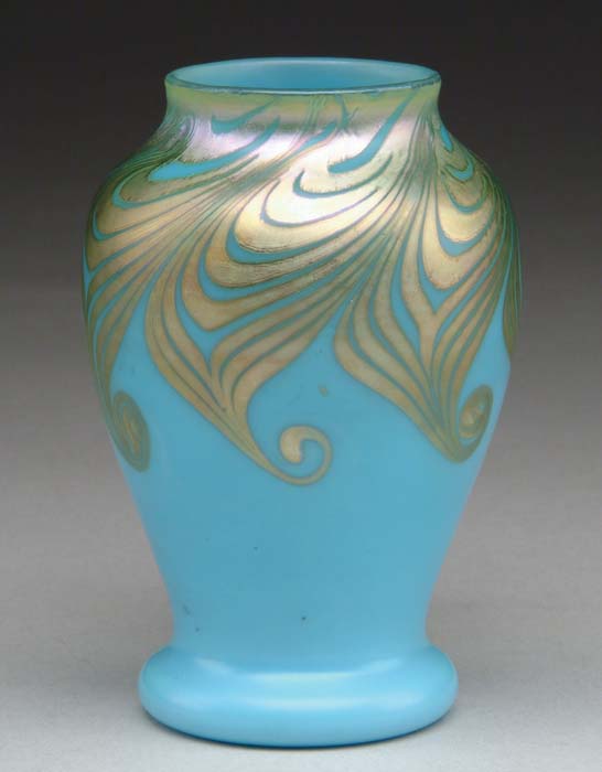 Appraisal: STEUBEN BLUE AURENE VASE Beautiful Steuben vase has gold iridescent