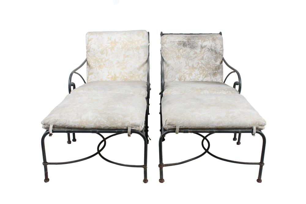 Appraisal: PAIR OF PATIO ARMCHAIRS WITH OTTOMANSCondition with damage to upholstery