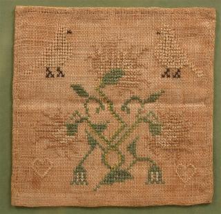 Appraisal: Framed th Century Miniature Needlework Sampler Birds hearts and floral