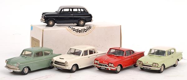 Appraisal: FOUR MINICAR MODELS OF FORDS INCLUDING ANGLIA ESTATE ANGLIA E