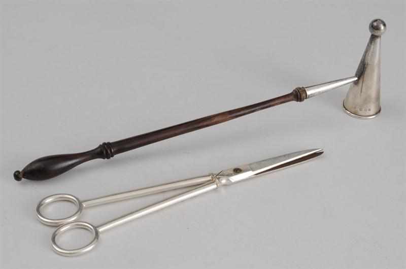 Appraisal: ENGLISH WOOD-HANDLED CANDLE SNUFFER AND A PAIR OF SCISSOR-FORM NIPS