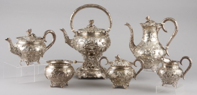 Appraisal: Six piece service set includes water kettle on ornate stand