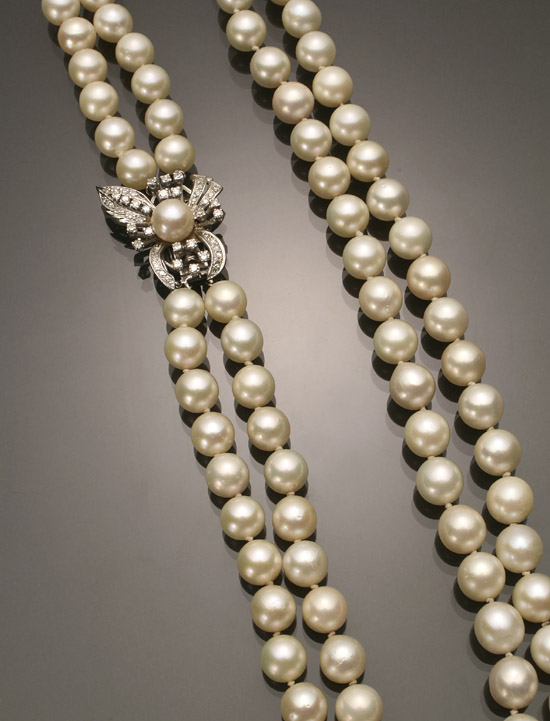 Appraisal: Matinee Length Cultured Pearl and Diamond Necklace Knotted The double