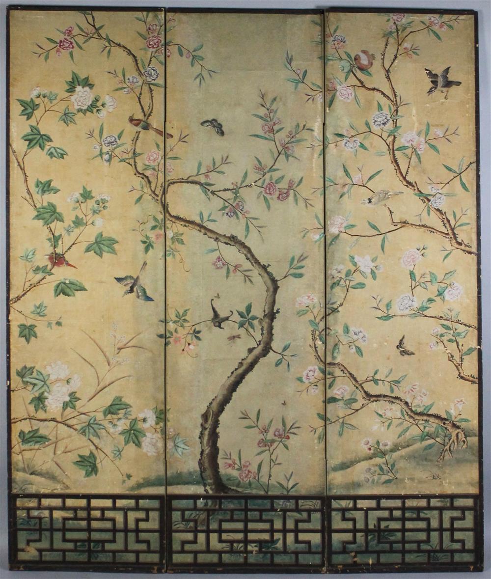 Appraisal: CHINESE SCHOOL GRACIE STYLE MOUNTED CHINOISERIE WALLPAPER THREE PANEL FOLDING