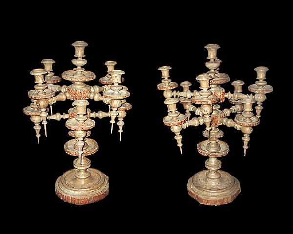 Appraisal: A pair of French Art Populaire painted nine light candelabra