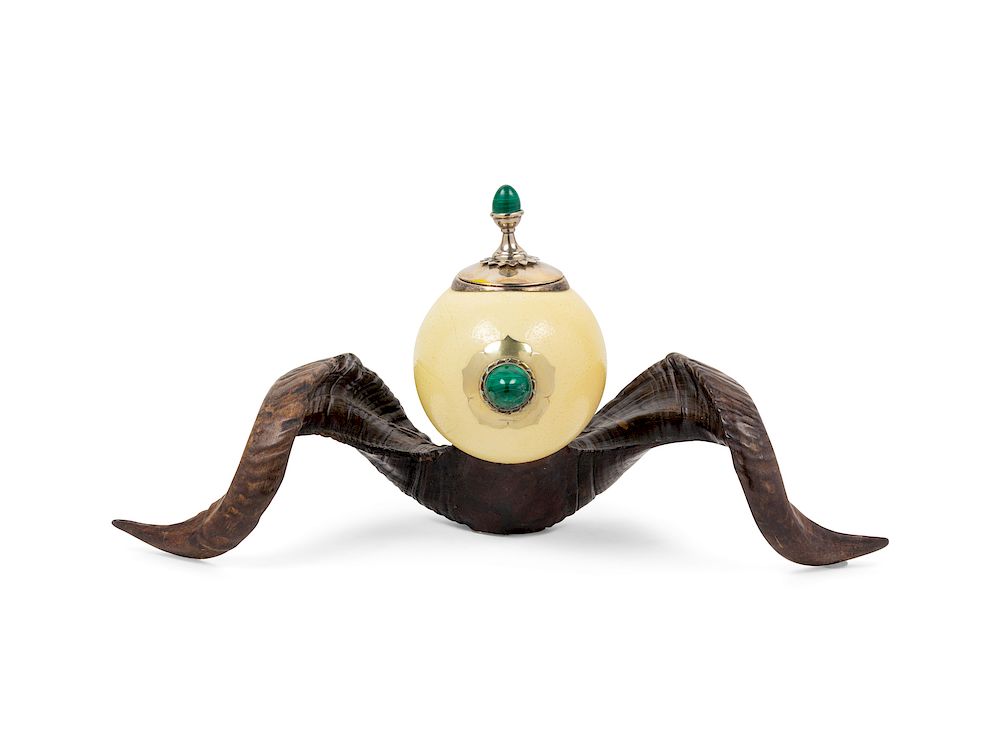 Appraisal: An Ostrich Egg and Malachite Mounted Table Ornament An Ostrich