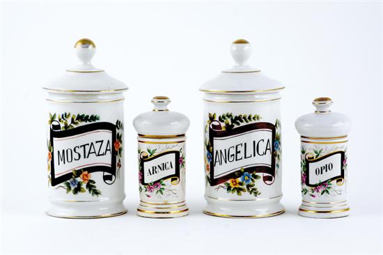 Appraisal: French porcelain painted apothecary jar set late th century cylindrical