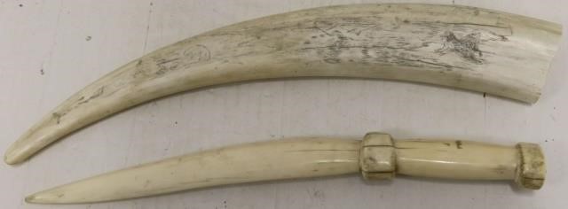 Appraisal: LATE TH C CARVED WALRUS TUSKS TO INCLUDE TUSK WITH