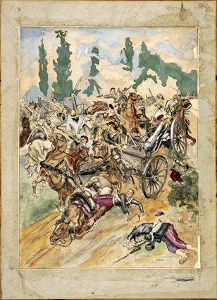 Appraisal: L Soucek Battle Scene Watercolor on paper laid down on