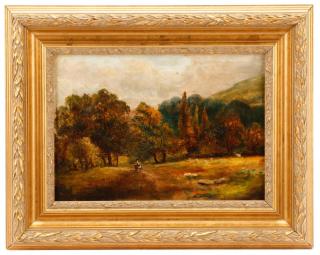 Appraisal: British School Landscape with Hay Cart Oil British School late