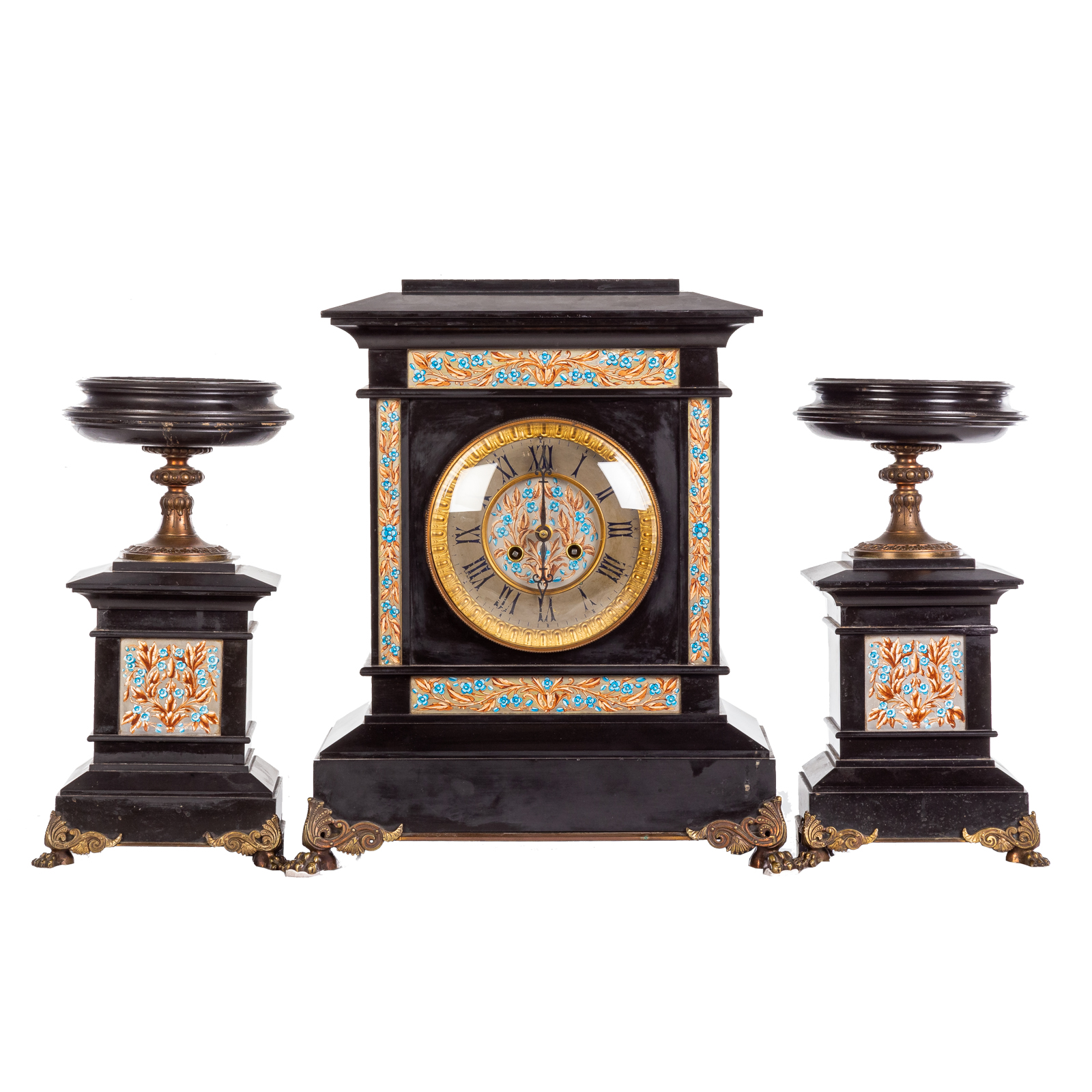 Appraisal: AESTHETIC MOVEMENT CLOCK GARNITURE Circa Aesthetic Movement influenced Classical style