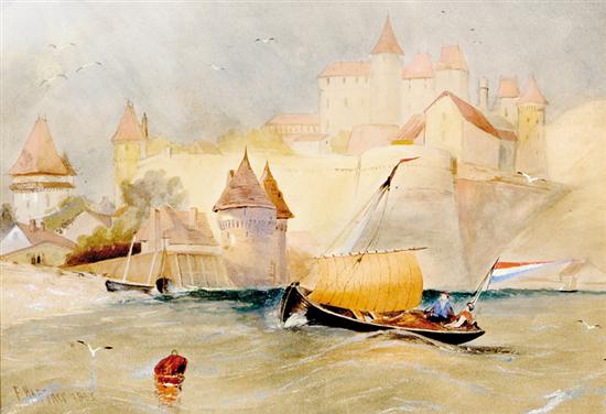 Appraisal: Felix Haffner French - APPROACHING SHORE NEAR CASTLE watercolor framed