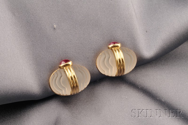 Appraisal: kt Gold Frosted Rock Crystal and Ruby Earclips Bulgari each