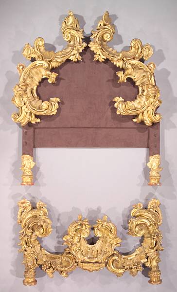 Appraisal: An Italian Rococo giltwood bed possibly Venetian The upholstered headboard