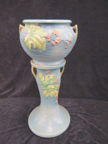 Appraisal: Roseville Pottery Bushberry Jardiniere Pedestal blue jardiniere - overall tall