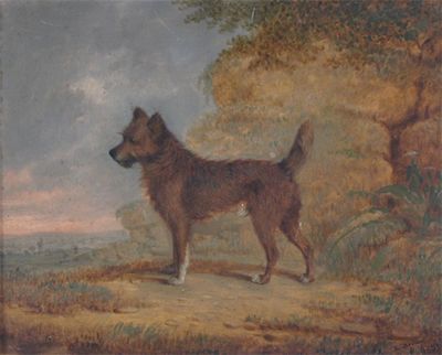 Appraisal: E Brown th Century Terrier in a landscape Signed and