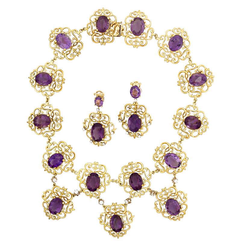 Appraisal: AMETHYST DIAMOND K GOLD NECKLACE AND EARRINGS Condition Report