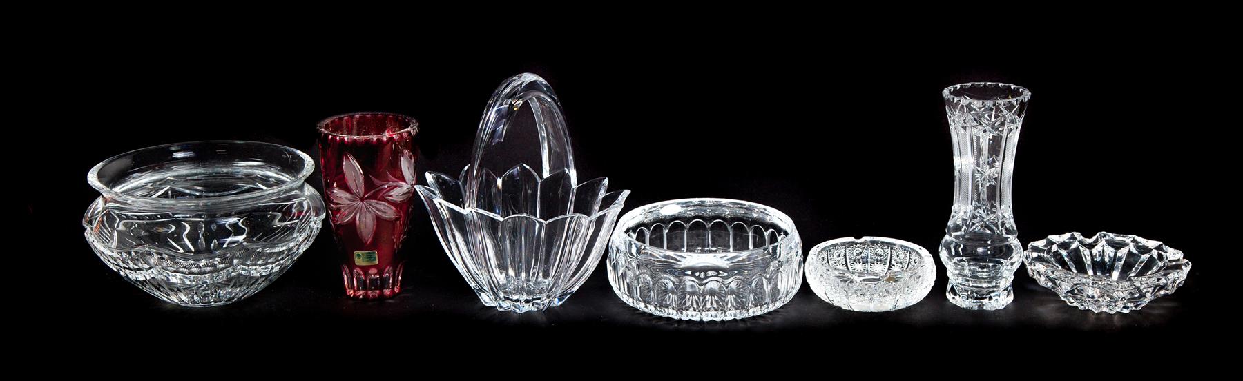 Appraisal: SEVEN PIECES OF CONTEMPORARY GLASS Twentieth century Bohemia basket h