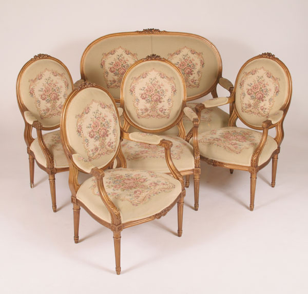 Appraisal: Five piece Louis XV style parlor set gilt carved frames