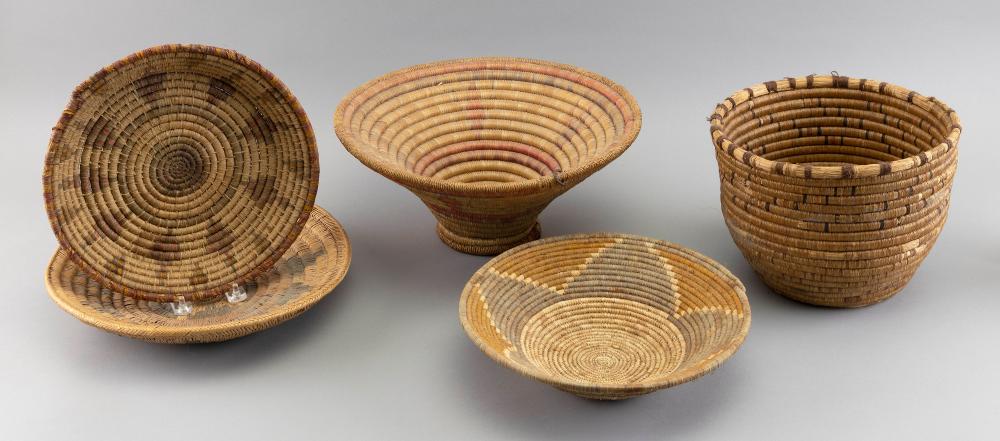 Appraisal: FIVE AMERICAN INDIAN COIL BASKETS MID- TO LATE TH CENTURY