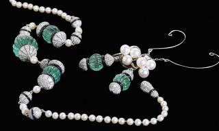 Appraisal: Vintage Emerald Diamond and Pearl Necklace and Ear Clips necklace